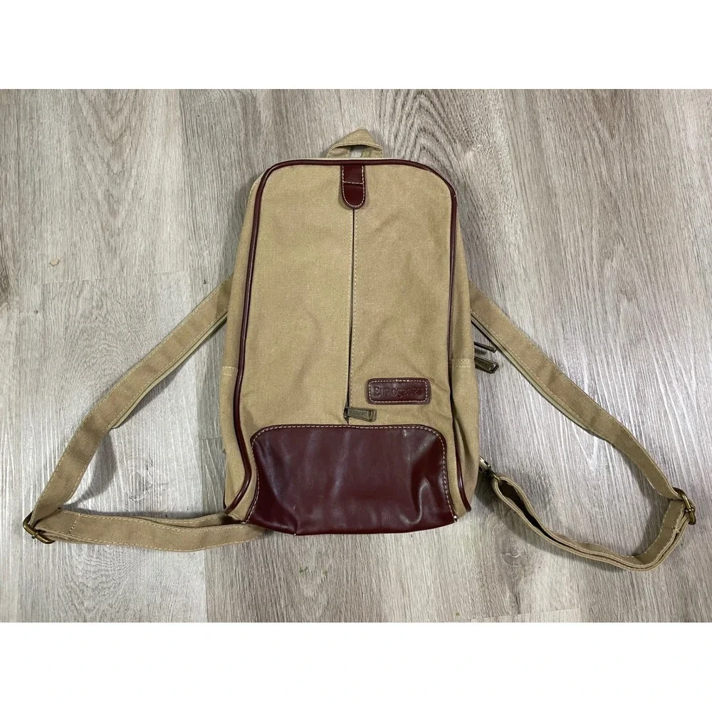 Eurosport Canvas‎ Sling Backpack Tan Brown Faux Leather Zip Vintage Travel